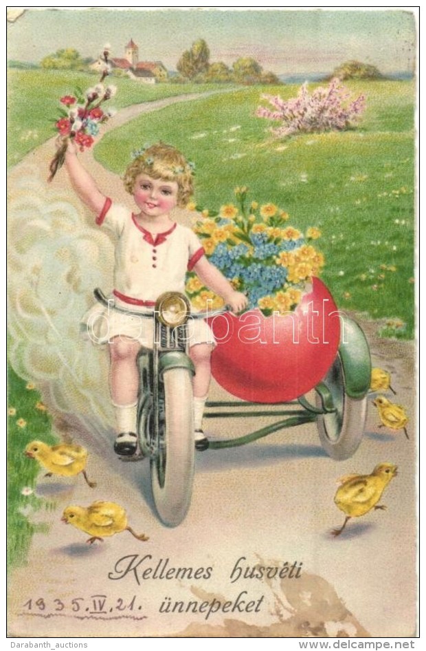 T2/T3 'Kellemes Húsvéti Ünnepeket' / Easter Greeting Card With Girl On Motorcycle With A... - Non Classés