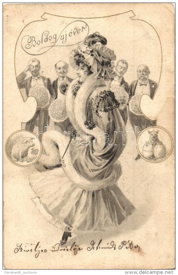 T2/T3 'Boldog új évet!' / New Year Greeting Postcard, Lady, Pigs, Litho (EK) - Non Classés