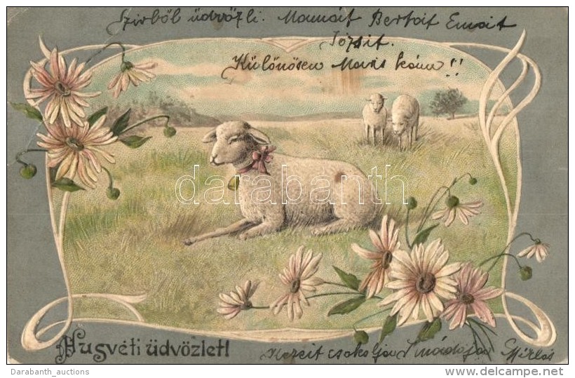 T3 'Húsvéti üdvözlet' / Lamb, Floral, Art Nouveau, Emb. Litho (kis Szakadás / Small... - Non Classés
