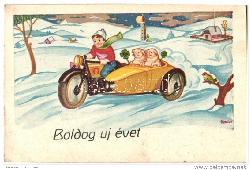 T2/T3 'Boldog új évet!' / New Year Greeting Postcard, Pigs, Motorcycle With Sidecar, S: Gyulai (EK) - Non Classés