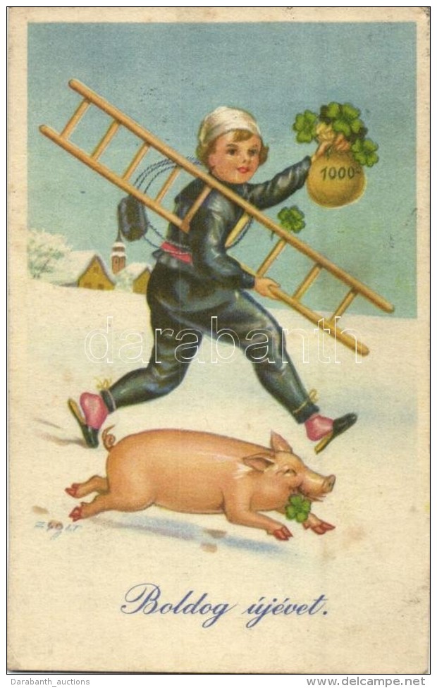 T2/T3 'Boldog új évet!' / New Year Greeting Postcard, Pig, Chimney Sweeper, S: Zsolt (EK) - Non Classés