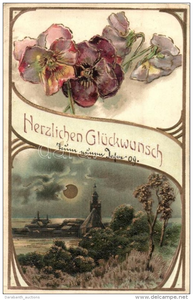 * T4 'Herzlichen Glückwunsch' / Greeting Card, Golden Decorated Emb. Litho (b) - Non Classés