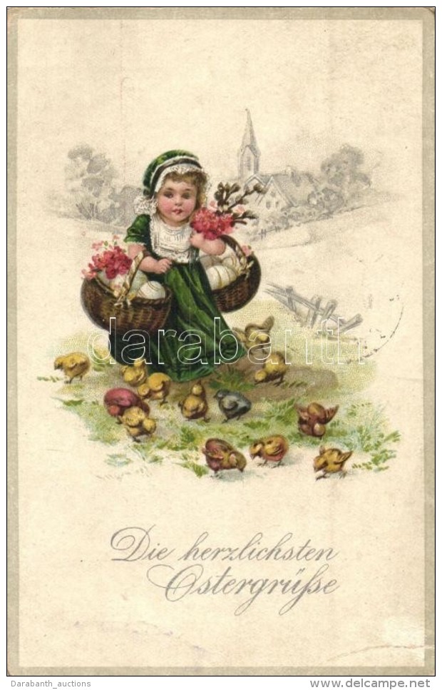T2/T3 'Die Herzlichsten Ostergrüsse' / Easter  Greeting Postcard, Child, Chickens, Litho (EK) - Non Classés