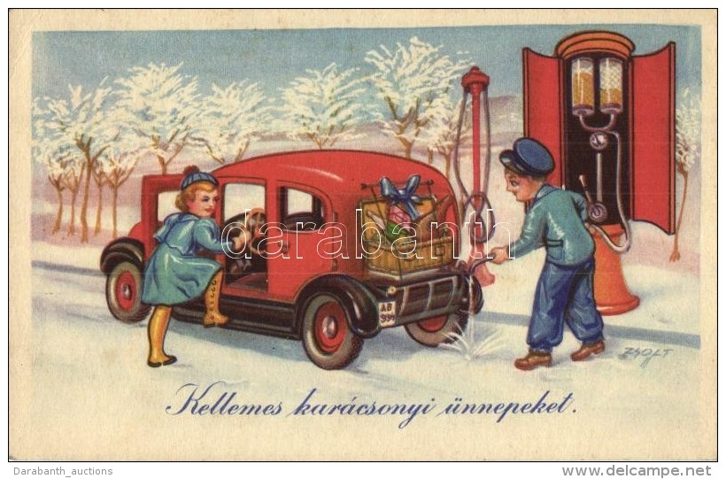 T2/T3 'Kellemes Karácsonyi ünnepeket' / Christmas Greeting Postcard, Automobile, Petrol Station, S:... - Non Classés