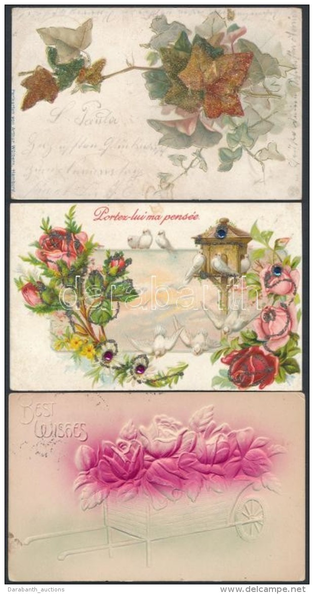 * 3 Db RÉGI Virágos üdvözlÅ‘lap, Dombornyomott és Litho Darabok / 3 Pre-1945 Floral... - Non Classés