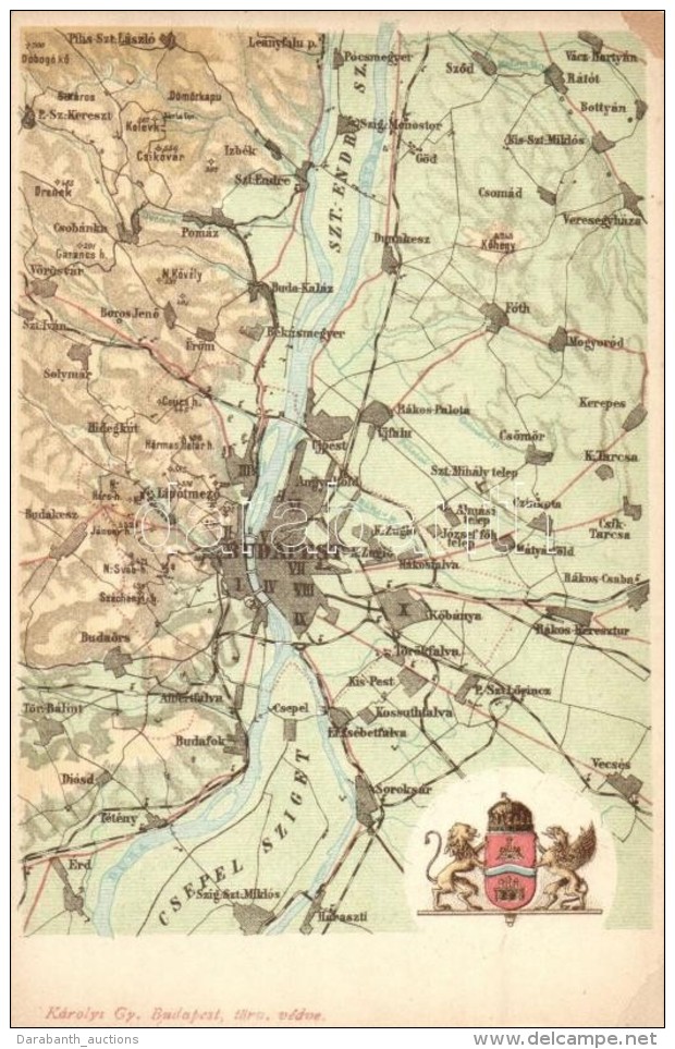 ** T3/T4 Budapest Térképe Címerrel, Károlyi Gy. / Map Of Budapest With Coat Of Arms... - Non Classés