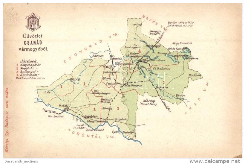 ** T3 Csanád Vármegye Térképe, Kiadja Károlyi Gy. / Map Of Csanád County... - Non Classés