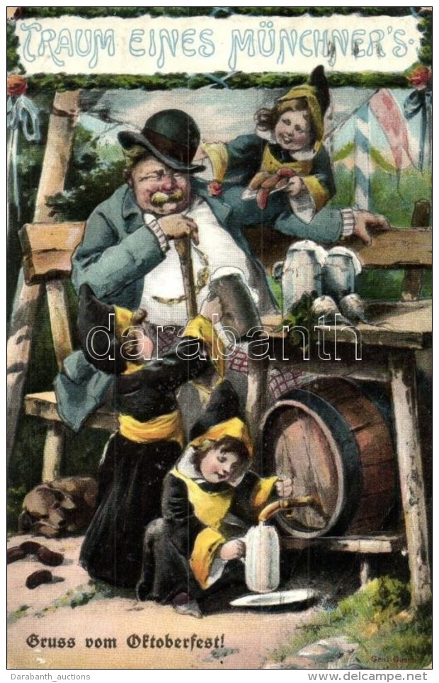 T3 Traum Eines Münchener's, Humorous Oktoberfest Art Postcard, Advertisement, Beer Barrel, Sausages, Dog,... - Non Classés
