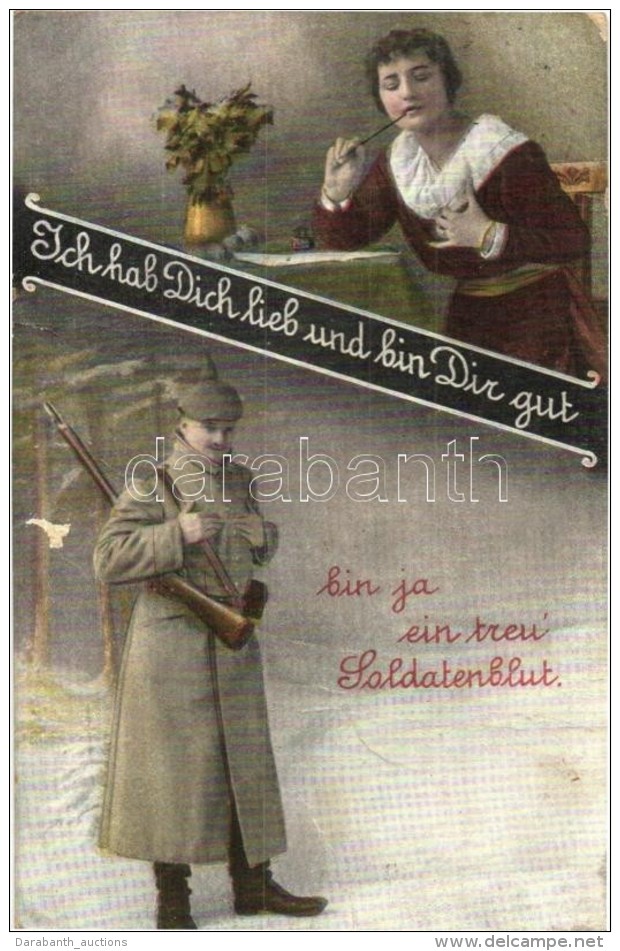T3 'Ich Hab Dich Lieb Und Bin Dir Gut...' / WWI Military Postcard, Couple Separated By The War, Romantic (fa) - Non Classés