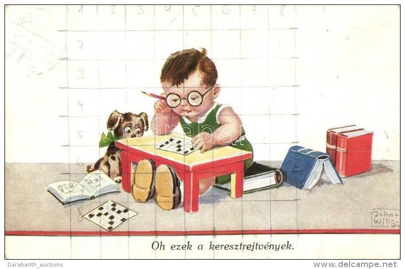 T2/T3 'Oh Ezek A Keresztrejtvények' / Child Solving Crosswords With Dog, Humorous S: John Wills (EB) - Non Classés