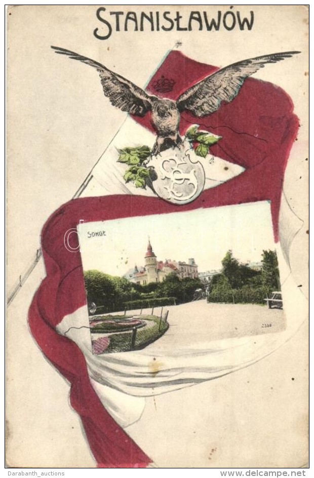 ** T2/T3 Ivano-Frankivsk, Stanislau, Stanislawow; Sokol Building, Decorated Postcard With The Polish National Flag... - Non Classés