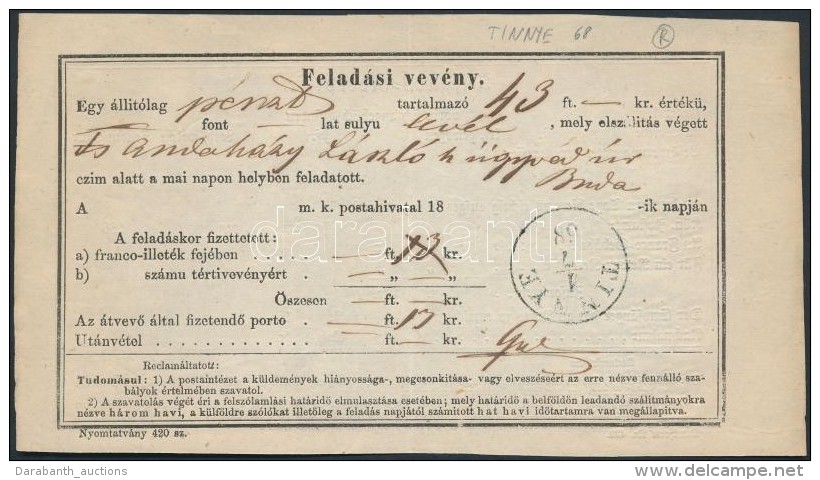 1868 Feladóvevény / Aufgabs-Recepisse 'TINNYE' - Autres & Non Classés