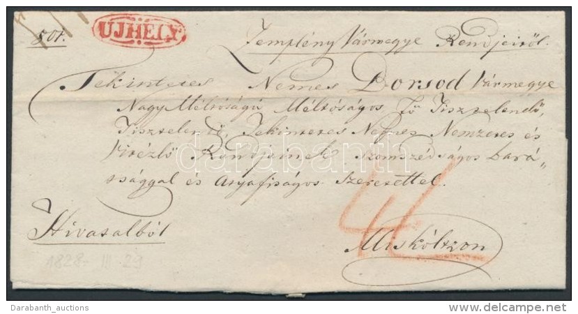 1828 Ex Offo, Vízjeles Papíron Teljes Tartalommal, Piros / Red 'UJHELY' - Miskolcz - Otros & Sin Clasificación