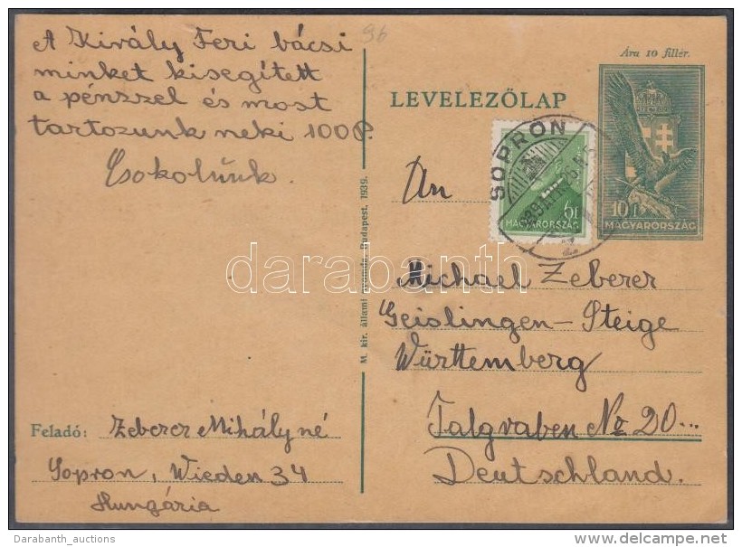 1939 Díjkiegészített Díjjegyes LevelezÅ‘lap Németországba - Autres & Non Classés