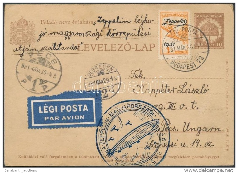 1931 Légi Posta Díjjegyes LevelezÅ‘lap Zeppelin 1P Díjkiegészítéssel... - Autres & Non Classés
