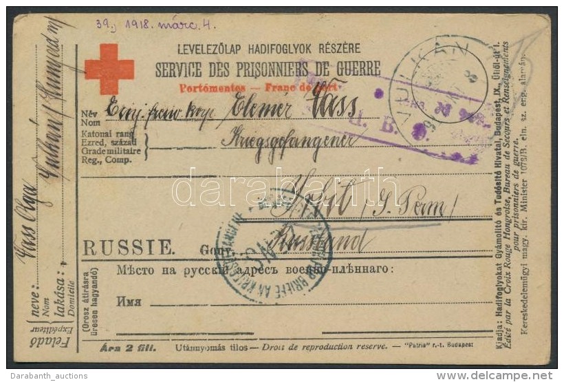 1917 Vöröskeresztes LevelezÅ‘lap Hadifogolynak Magyarországról Irbit-be... - Autres & Non Classés