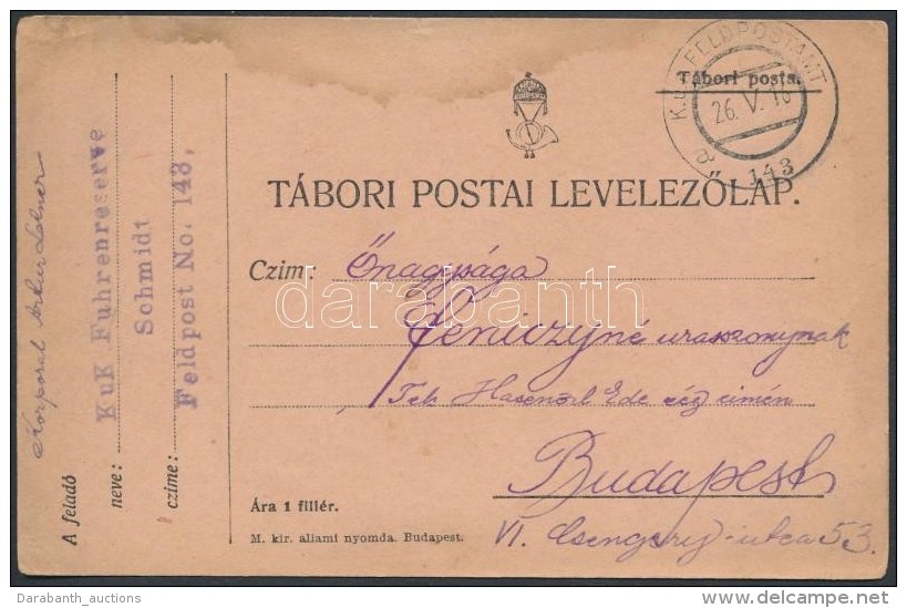 1916 Tábori Posta LevelezÅ‘lap / Field Postcard 'K.u.k. Fuhrenreserve' + 'FP 143 A' - Autres & Non Classés