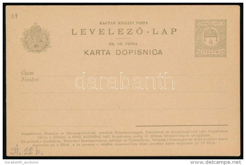 1901 Használatlan 4f Díjjegyes KétnyelvÅ± LevelezÅ‘lap (magyar-szlovén) (Si. 22b) - Autres & Non Classés