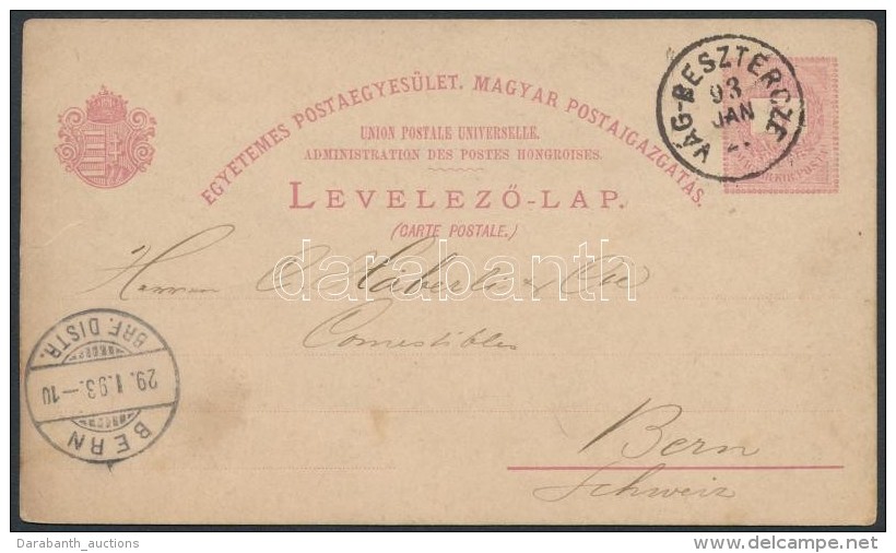 1893 5kr Díjjegyes LevelezÅ‘lap Svájcba Kldve 'VÁG-BESZTERCZE' -'BERN' - Autres & Non Classés