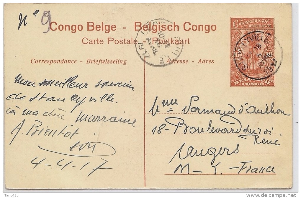 LCTN43B- CONGO BELGE EP CP ILLUSTRE A DESTINATION D´ANGERS AVRIL 1917 - Ganzsachen