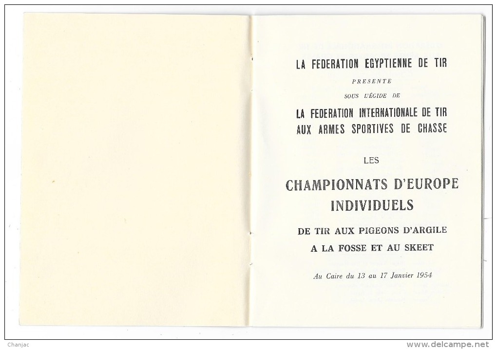 Programme: LE CAIRE EGYPTE- Championnat D'Europe De Tir Aux Pigeons 1955. (Chasse, Ball Trap) - Chasse/Pêche