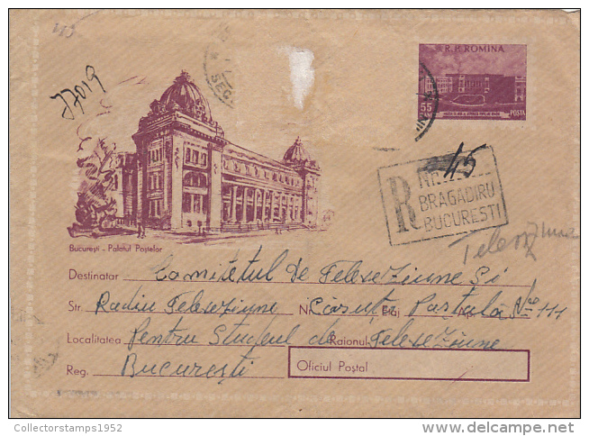 51259- BUCHAREST POSTAL PALACE, MUSEUM, REGISTERED COVER STATIONERY,1958, ROMANIA - Postal Stationery