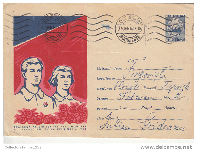 51263- HELSINKI YOUTH FESTIVAL, COVER STATIONERY,1963, ROMANIA - Postal Stationery