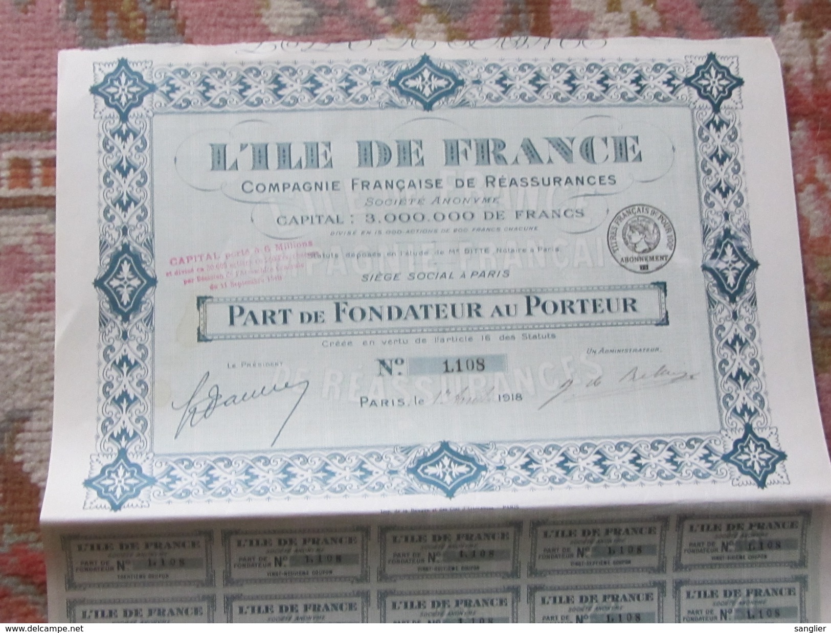 ACTION DE 200 FRANCS 1918 - L'ILE DE FRANCE - COMPAGNIE FRANCAISE DE REASSURANCES - Banque & Assurance