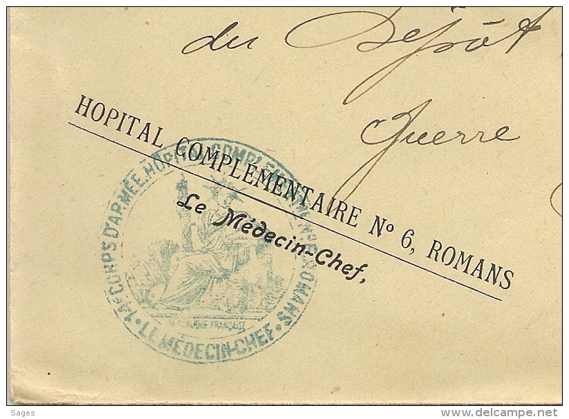 HOPITAL COMPLEMENTAIRE N°6 DE ROMANS Drome Sur Enveloppe. - 1. Weltkrieg 1914-1918