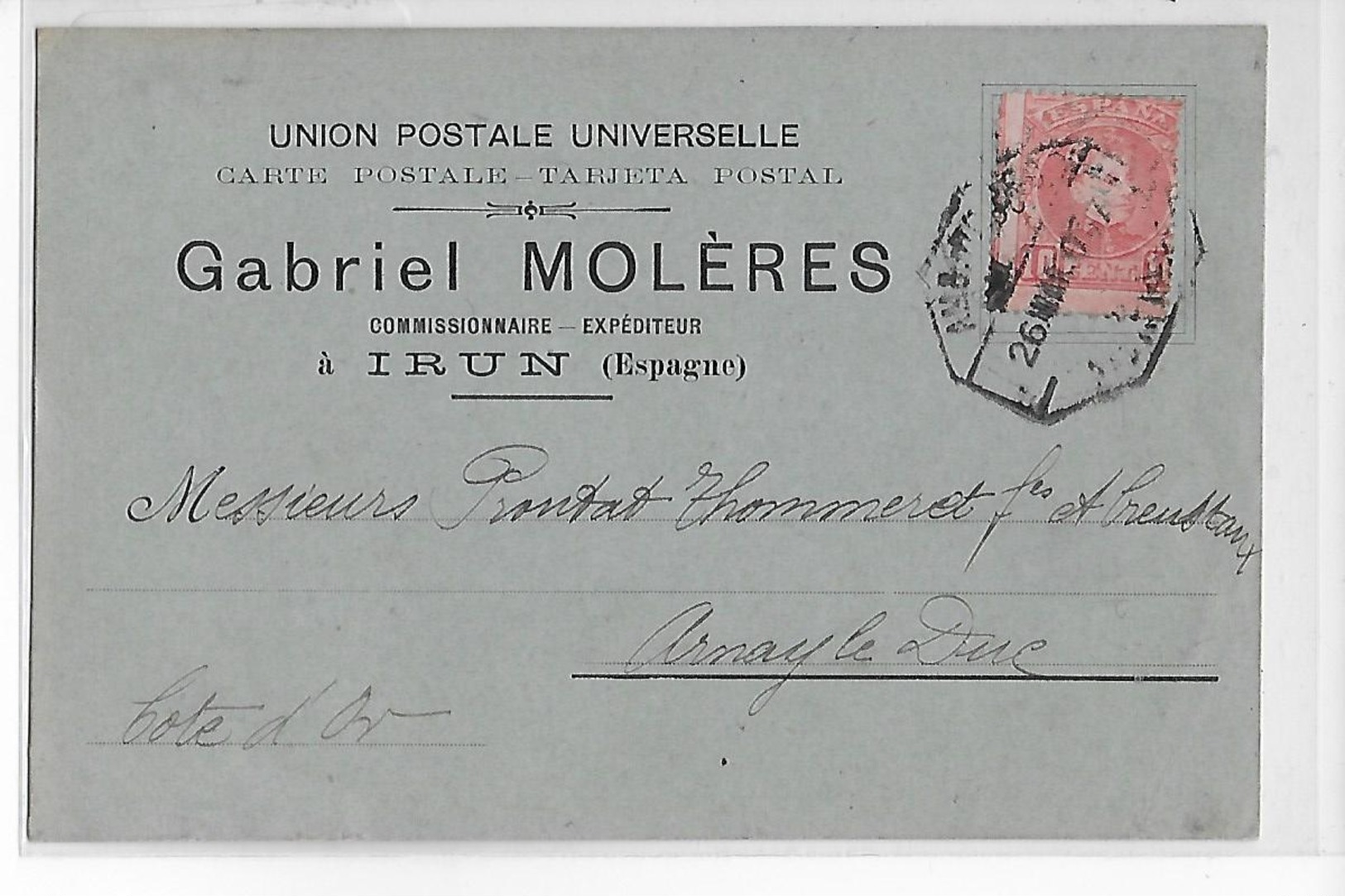 ESPAGNE  -  CARTE  COMMERCIALE  -  Gabriel  MOLERES   à  IRUN  En  1907 - Spanien