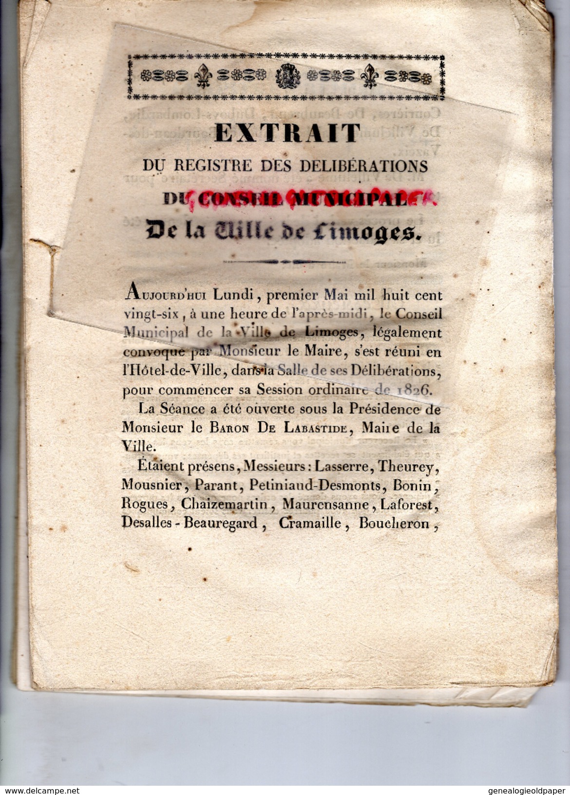 87 - LIMOGES - ESTRAIT REGISTRE DELIBERATIONS CONSEIL MUNICIPAL 1ER MAI 1826- BARON DE LABASTIDE MAIRE- ALLUAUD-TALABOT- - Documenti Storici