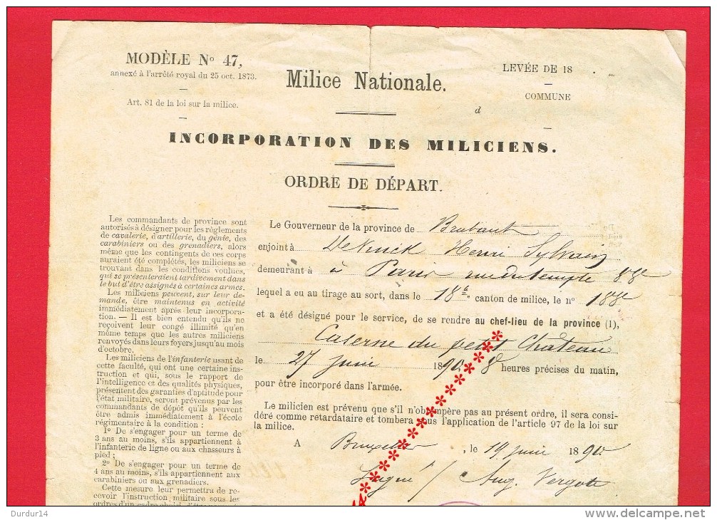 INCORPORATION DES MILICIENS ST JOSSE TEN NOODE ( Belgique ) DE VINCK Tirage Au Sort ...1890 ... Militaire ... - Collections