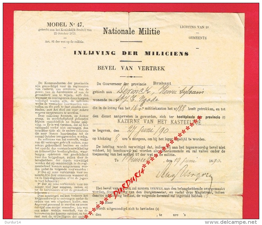 INCORPORATION DES MILICIENS ST JOSSE TEN NOODE ( Belgique ) DE VINCK Tirage Au Sort ...1890 ... Militaire ... - Collections