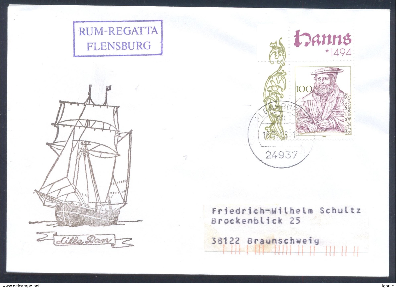 Germany Deutschland 1996 Cover: Transport Boat Schiff Bateaux Sailing Segel Rum Regatta Flensburg Lilla Dan - Bateaux