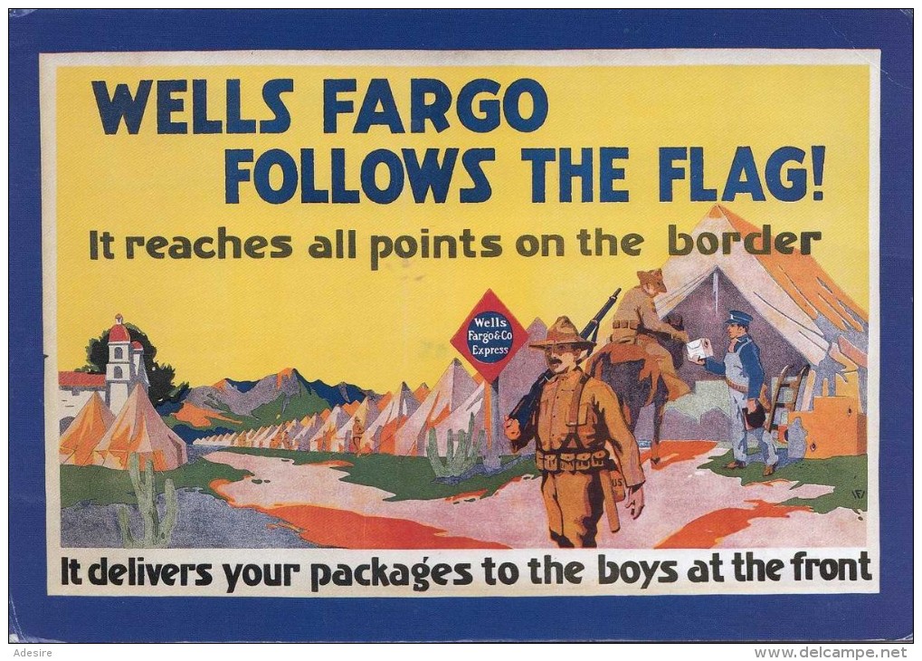 Werbekarte WELLS FARGO FOLLOWS THE FLAG, Karte Gel.m.Sondermarke - Werbepostkarten