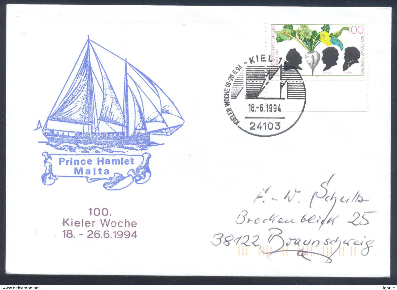 Germany Deutschland 1994 Cover: Transport Boat Schiff Bateaux Sailing Segeln: Kieler Woche Prince Halmet Malta - Schiffe