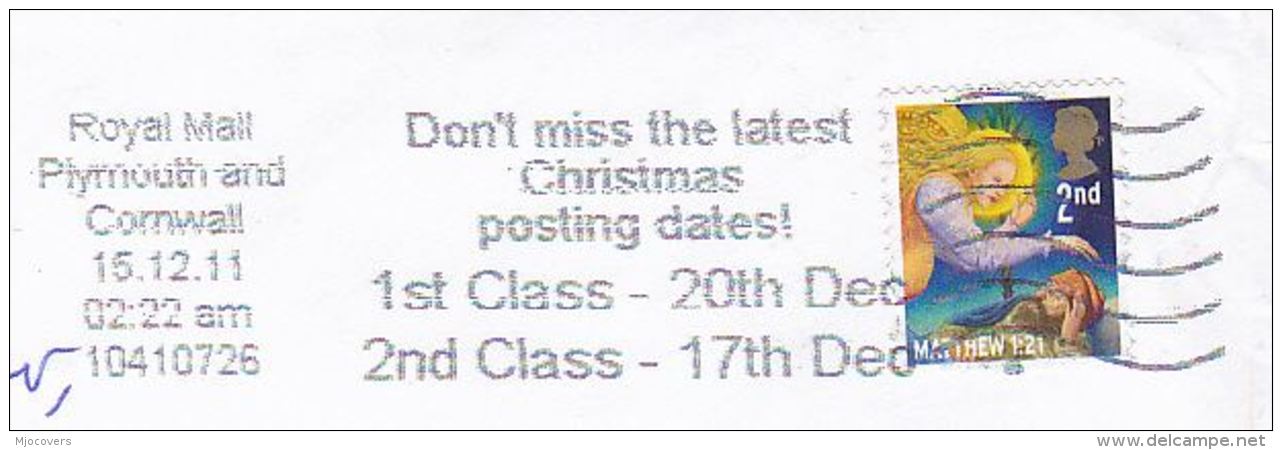 2011 Plymouth GB COVER CHRISTMAS Stamps SLOGAN Pmk DON´T MISS LATEST CHRISTMAS POSTING DATES - Christmas
