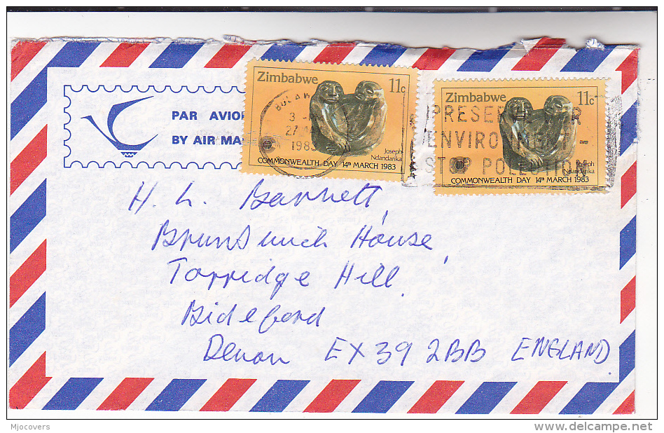 1983 Air Mail ZIMBABWE Multi Stamps SCUPLTURE Art SLOGAN Pmk PRESERVE ENVIRONMENT STOP POLUTION - Zimbabwe (1980-...)