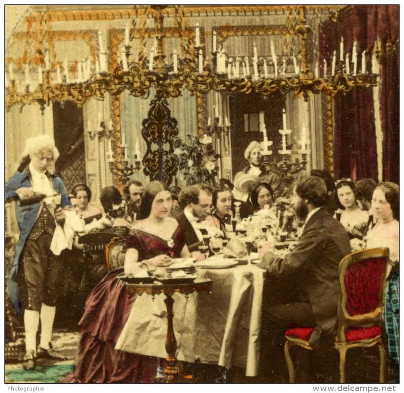 France Paris Scene De Genre Diner Mondain Ancienne Photo Stereo 1860 - Stereoscopic