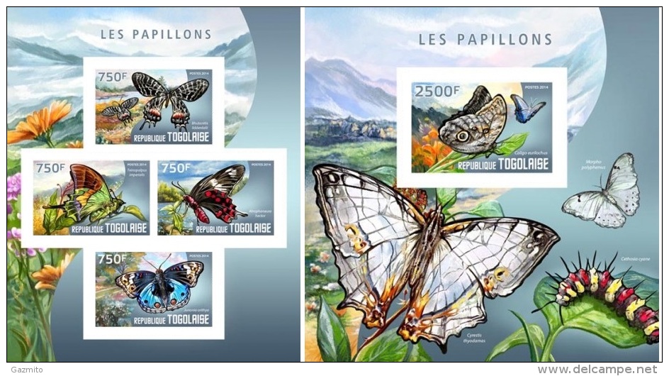 Togo 2014, Animals, Butterflies I, 4val In BF+BF IMPERFORATED - Schmetterlinge