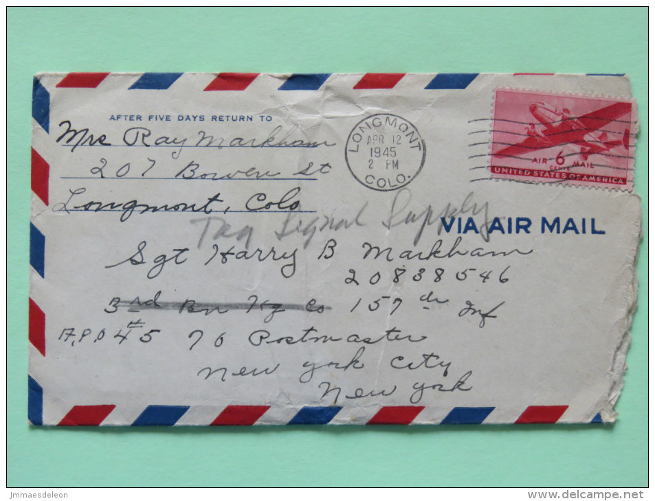 USA 1945 Cover Longmont To A.P.O. N.Y. - Plane - Briefe U. Dokumente