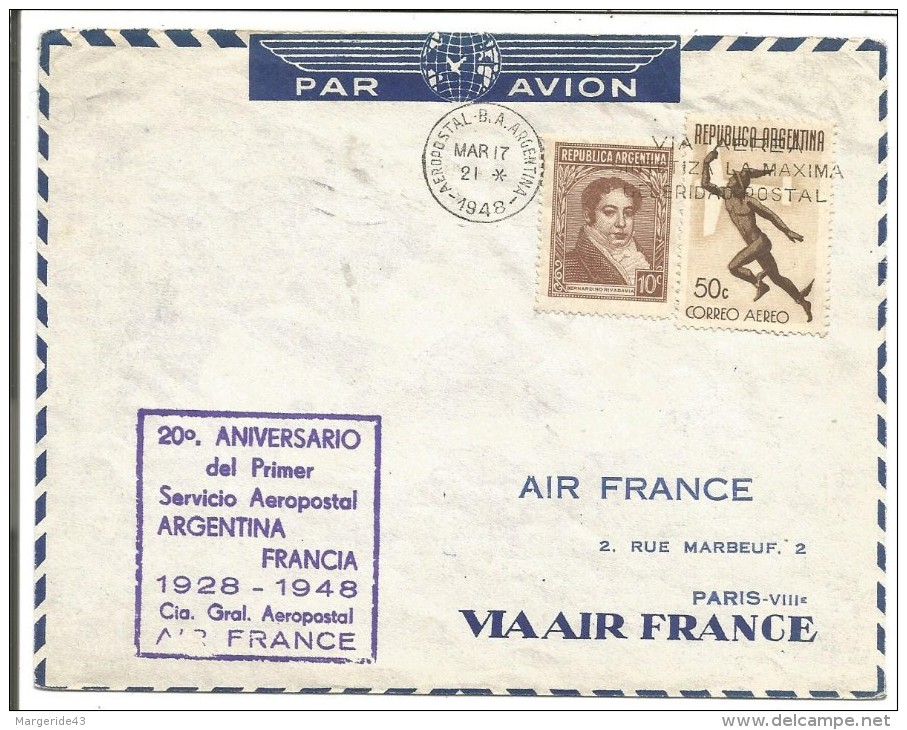 ARGENTINE 20 ANS DU PREMIER SERVICE POSTAL ARGENTINE-FRANCE PAR AIR FRANCE 1948 - Briefe U. Dokumente