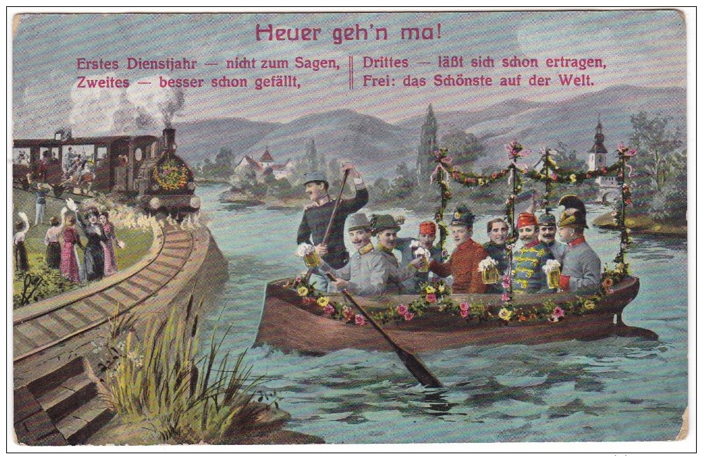 #6521 Militaria, Old Postcard Unused: WW1, Allied Officers In A Boat, Train - Weltkrieg 1914-18