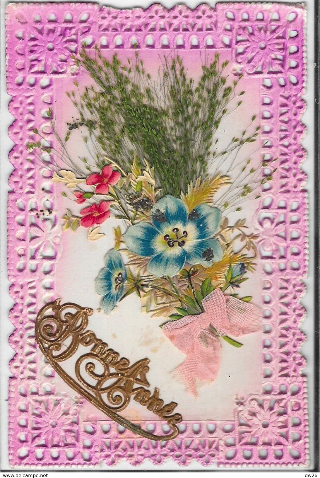 Bonne Année 1912 - Bouquet - Belle Carte Dentelée, En Relief Avec Collage (papier, Tissu, Plantes) - Neujahr