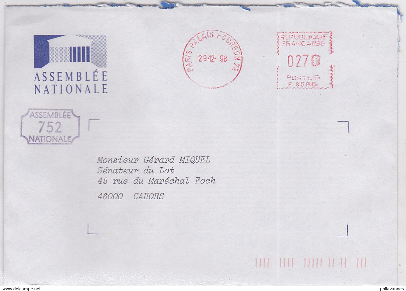 France, ASSEMBLEE NATIONALE,N° 752,1998 ( GOUV 31) - Civil Frank Covers