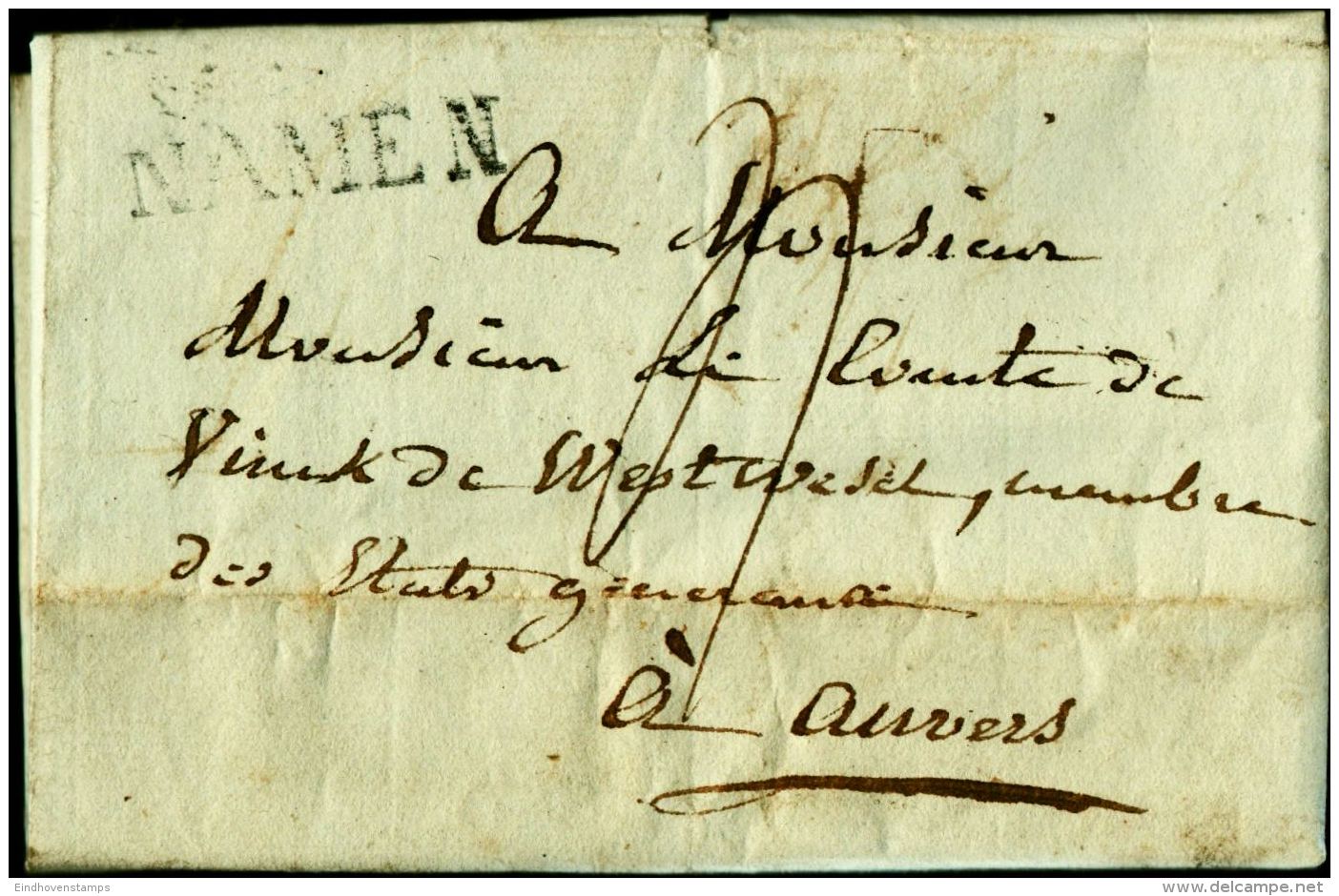 Belgium 1818, Lettre De Namur (straight Line Cancel) Pour Anvers - Antwerp - 1815-1830 (Holländische Periode)