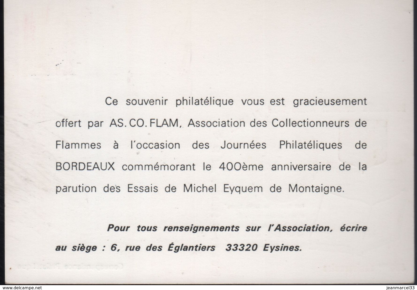 C.P. Illustrée 33 Bordeaux 29-30 Mars 1980 "........400è Anniversaire Des Essais De Michel Eyquem De Montaigne" - Ecrivains