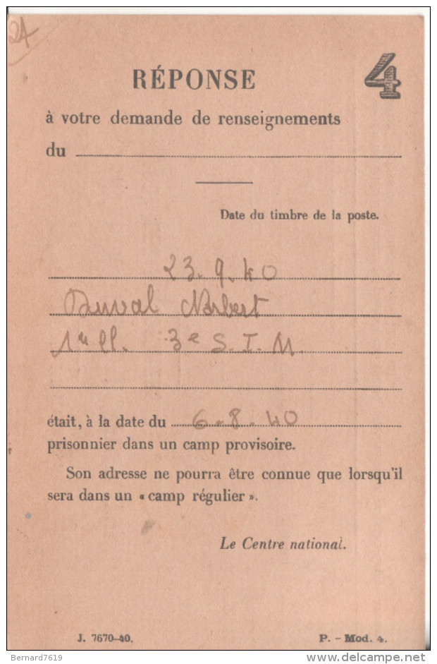 Militaire Carte De Correspodance  Centre National D'information Sur Les Prisonniers De Guerre 1940 - Sonstige & Ohne Zuordnung