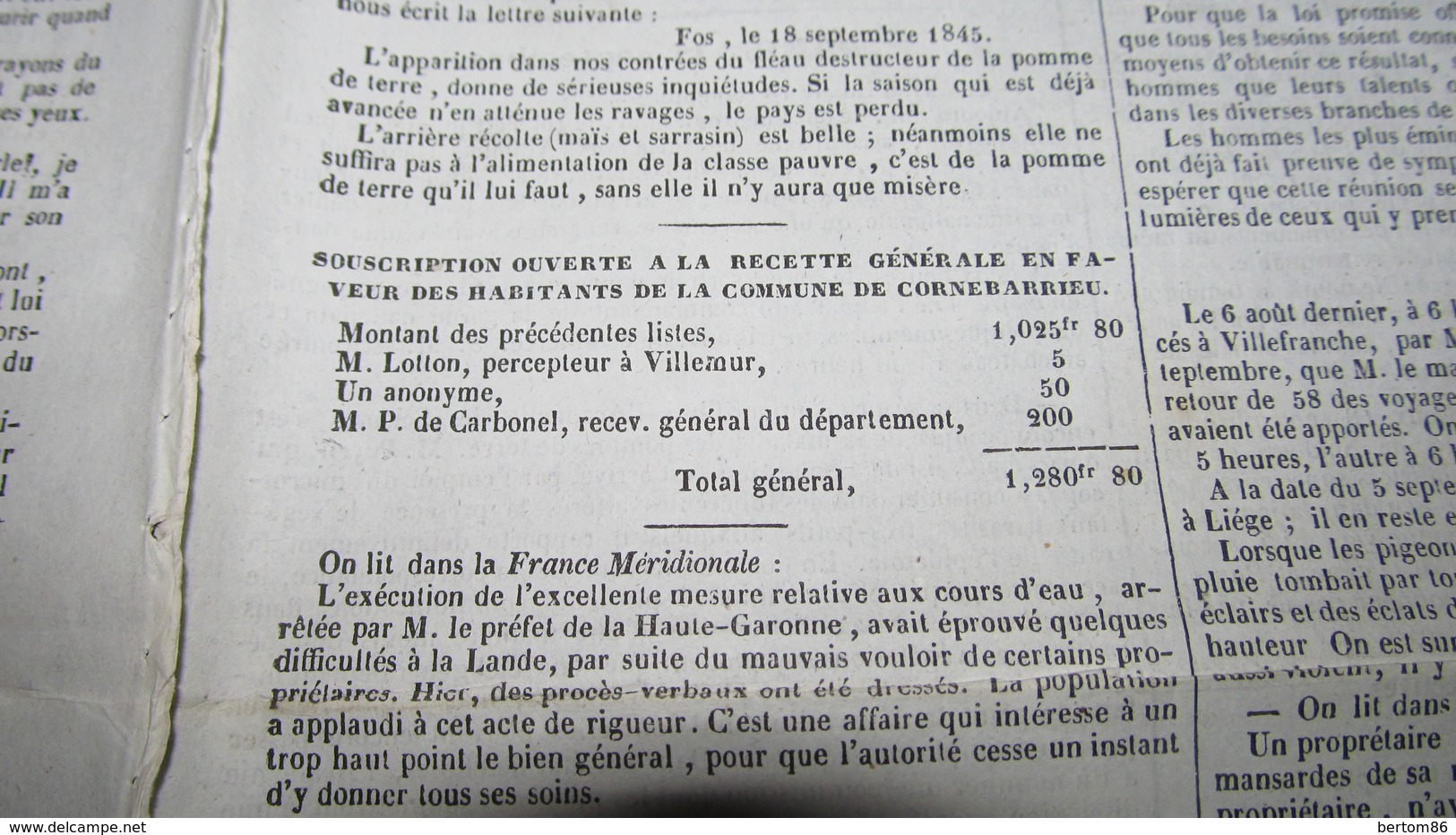 CORNEBARRIEU - INONDATION DE 1845 - SOUSCRIPTION - JOURNAL DE TOULOUSE DE SEPTEMBRE 1845. - 1800 - 1849