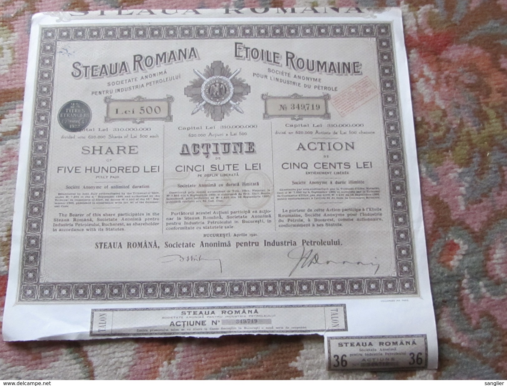 ACTION DE 500 LEI - ETOILE ROUMAINE- SOCIETE ANONYME POUR L'INDUSTRIE ET LE PETROLE -1921 - Pétrole